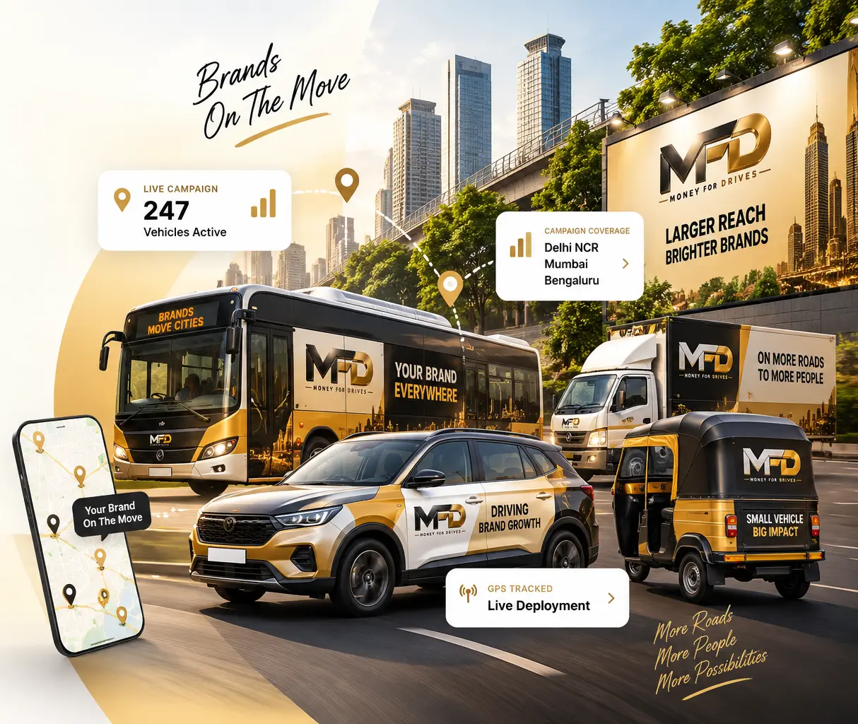 Branded vehicle moving through an Indian city street